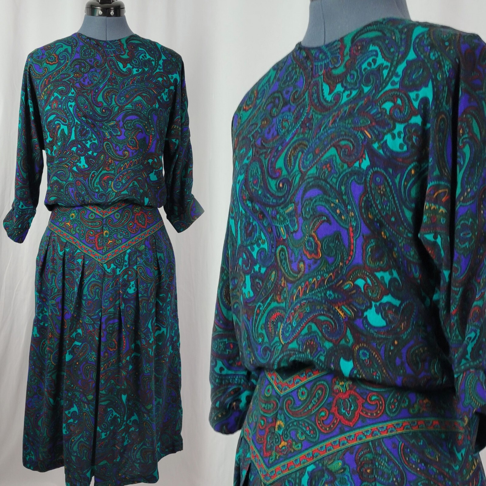 Vintage VLP Petites Green & Purple Paisley Blouson Secretary Dress SIze 8