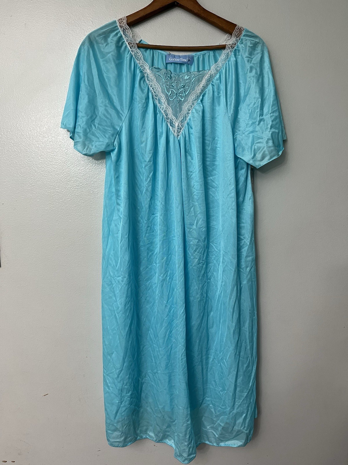 JC Penney Vintage Coffee Time Night Gown OSFA 8-18 Blue USA Nylon Fairy NWT