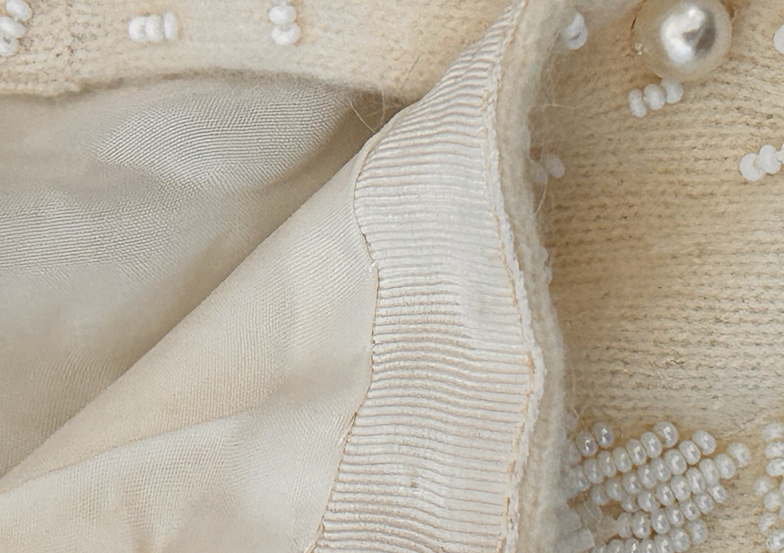 Vintage 1950’s Beaded Angora Cardigan Ivory Pearl Button Hand Embroidered
