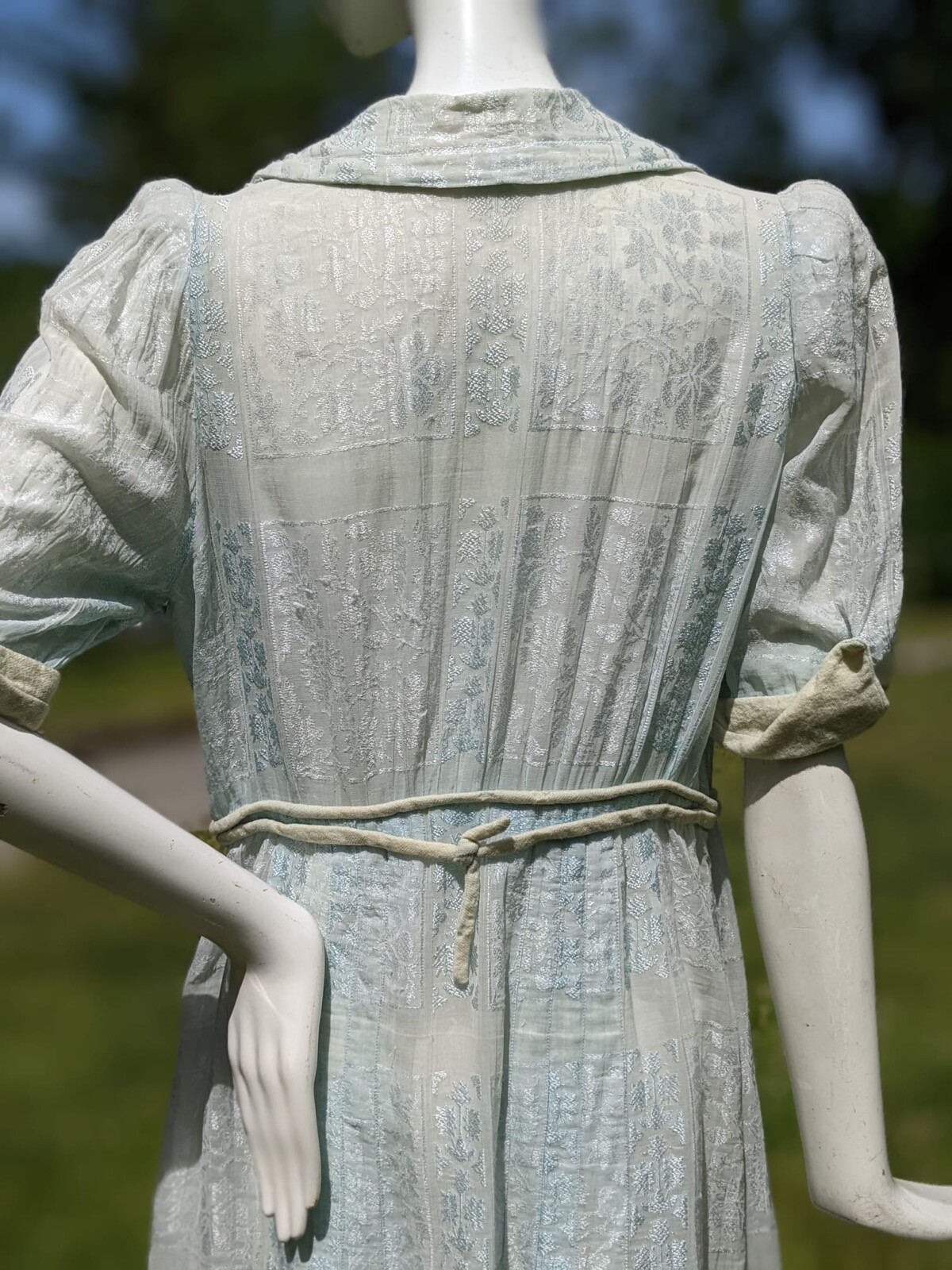 SWEET 1930’S SHEER SILK & COTTON DAMASK DRESS W BLONDE WOOL FRONT