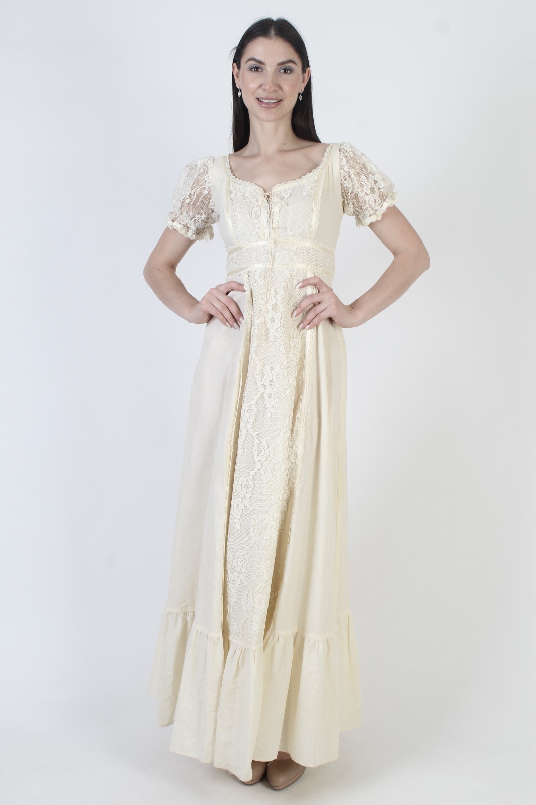 Vtg 70s Cream Prairie Dress Lace Up Corset Cottage Peasant Sheer Slv Boho Gown