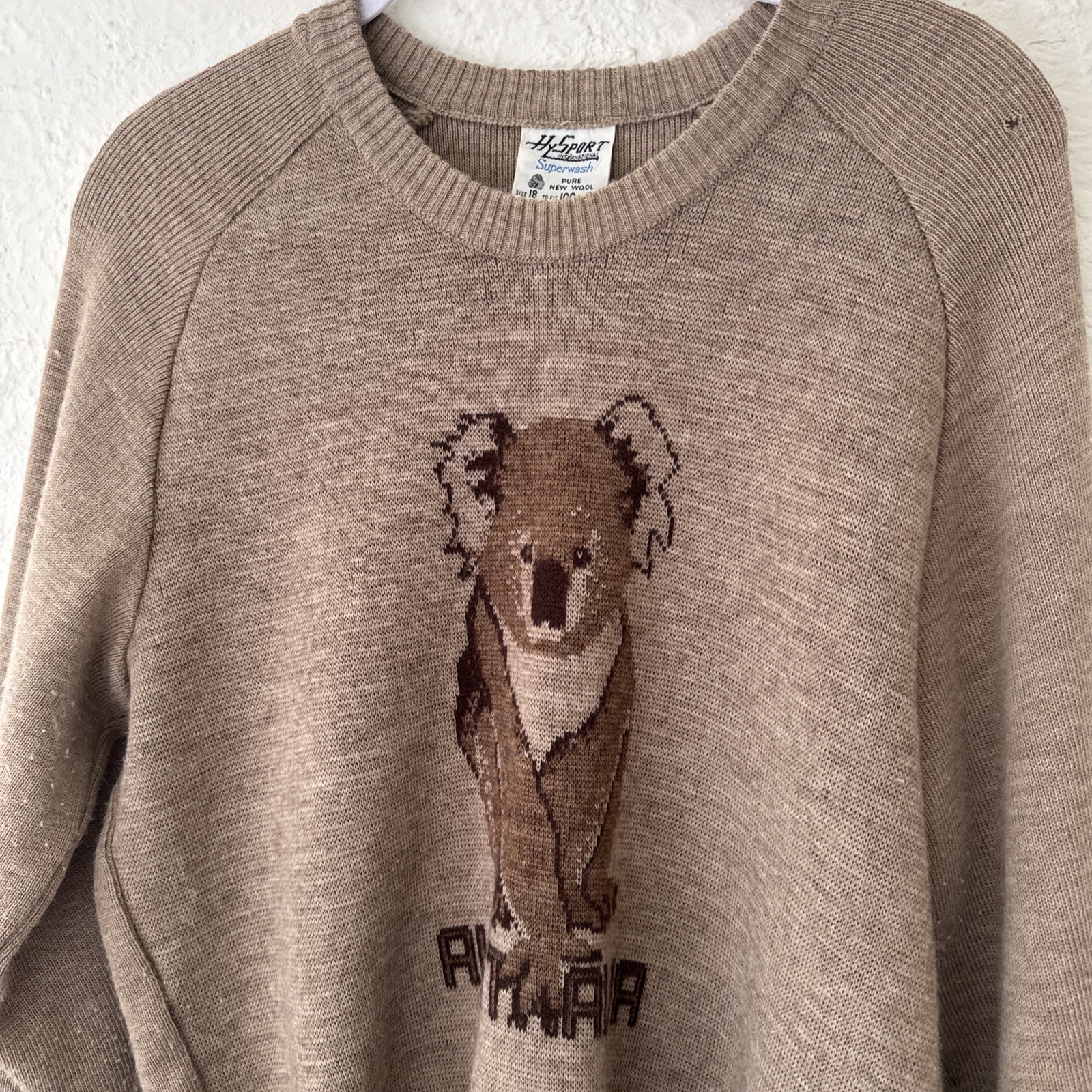 Vintage Hysport 100% Wool Koala Sweater XS 85cm Ivory Australia 70s 60s Knit
