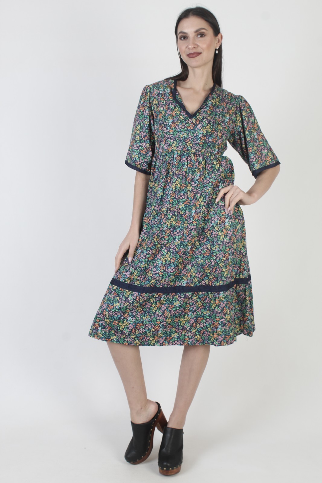 Vtg Calico Floral Sundress Knee Length Prairie Peasant Festival Boho Midi Dress