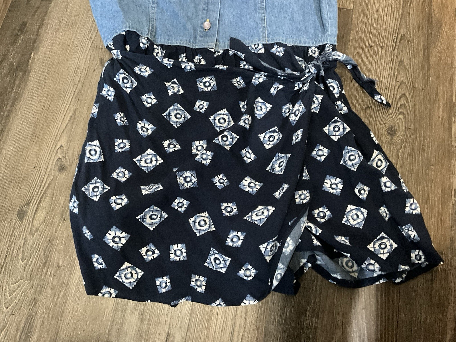 VTG 90s True Blue Denim & Lace Midi Jumpsuit Pearl Snaps Boho Cottage 13/14