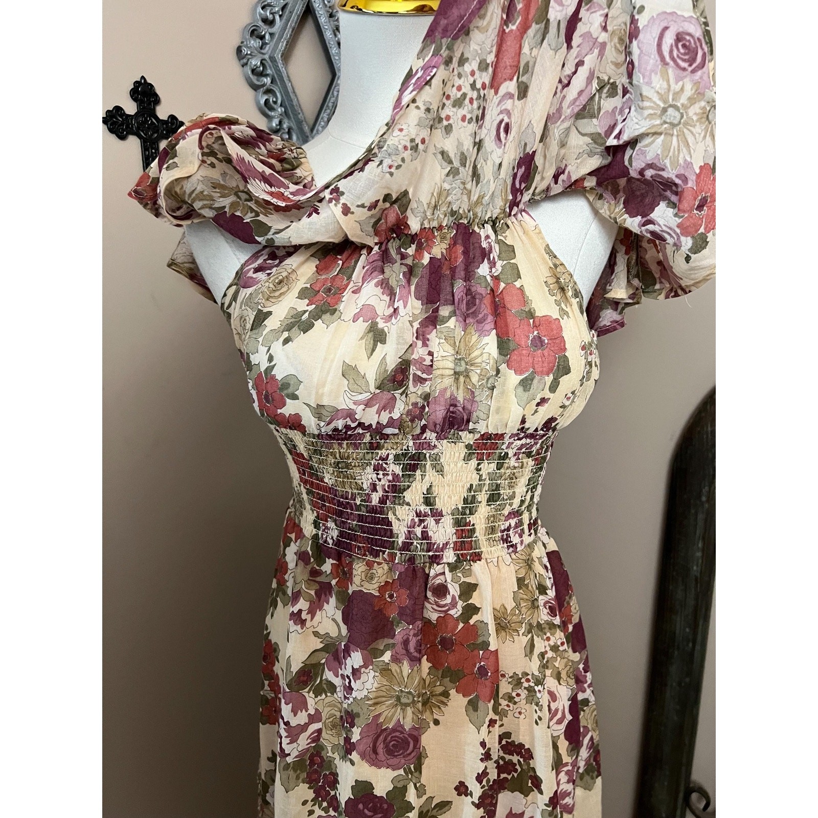 Vintage 70s Earthy Floral Off Shoulder Dress Retro Boho Cottagecore Size Medium