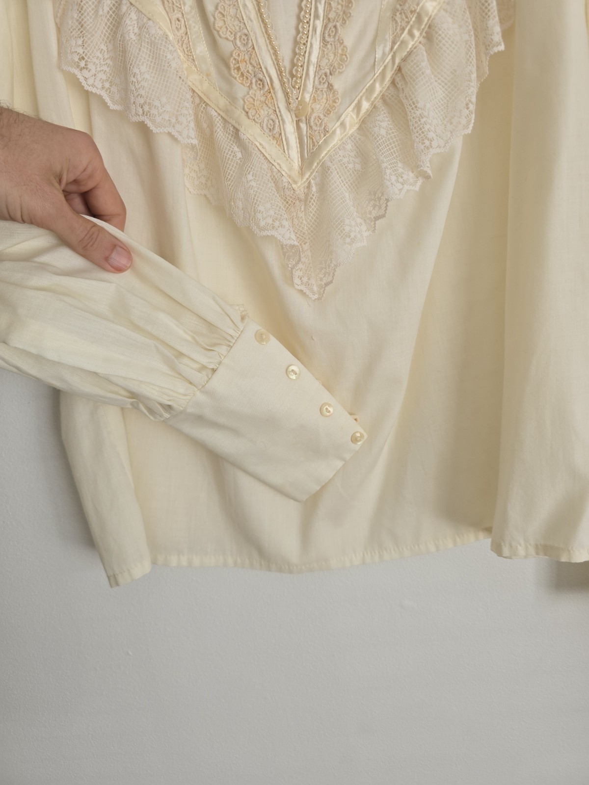 Ivory Lace Victorian Style Long Sleeve Shirt with Lace Trim and Button Cuffs