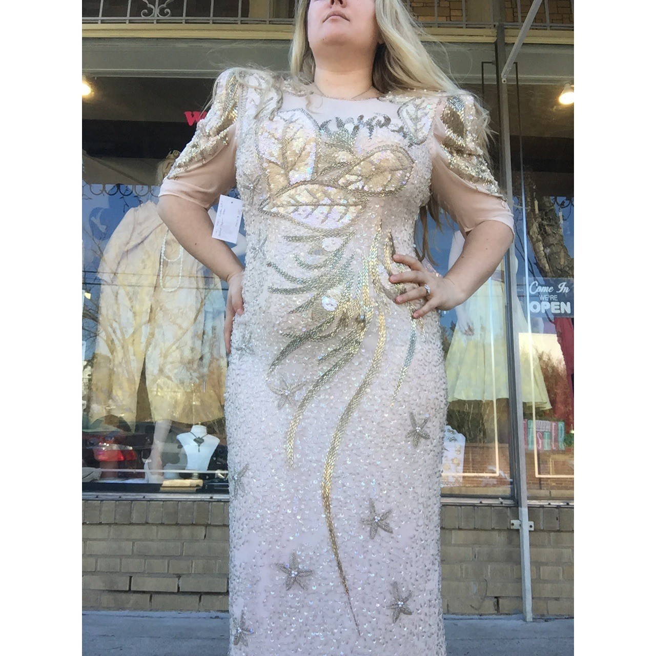Vintage 80s Beaded Sequin Gown L XL Pink Gold Embroidered Formal Maxi Dress