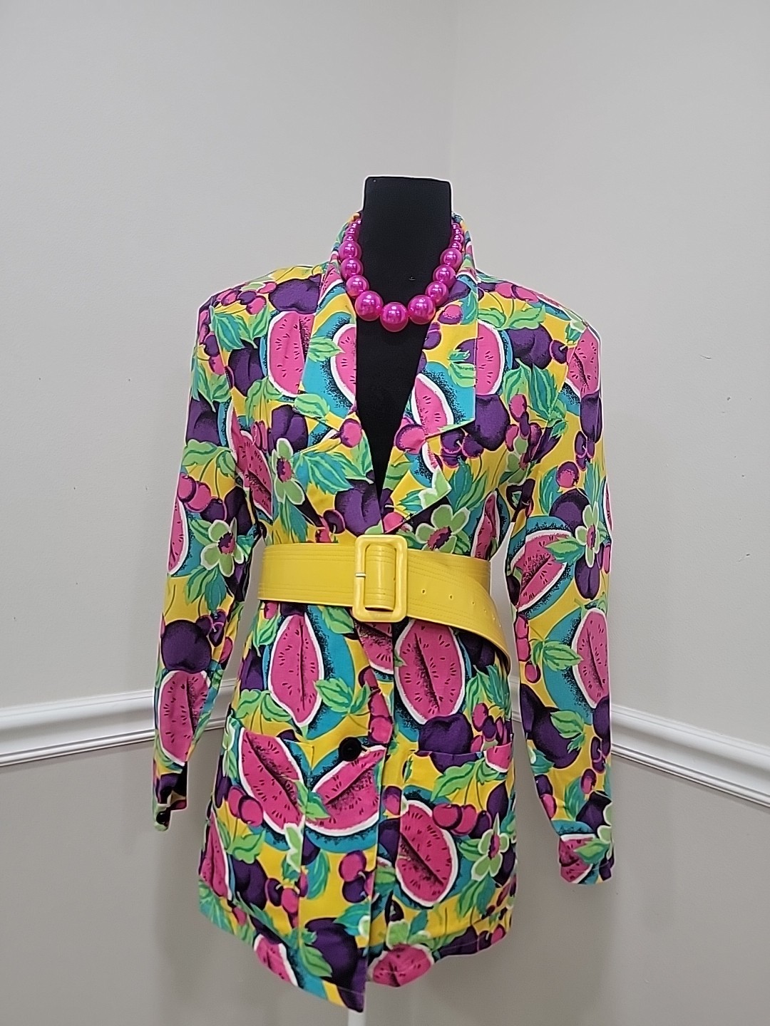 VTG’80s Claudia Kitsch Fruit Print Blazer Jacket Watermelon Cherry Pop Art Deco