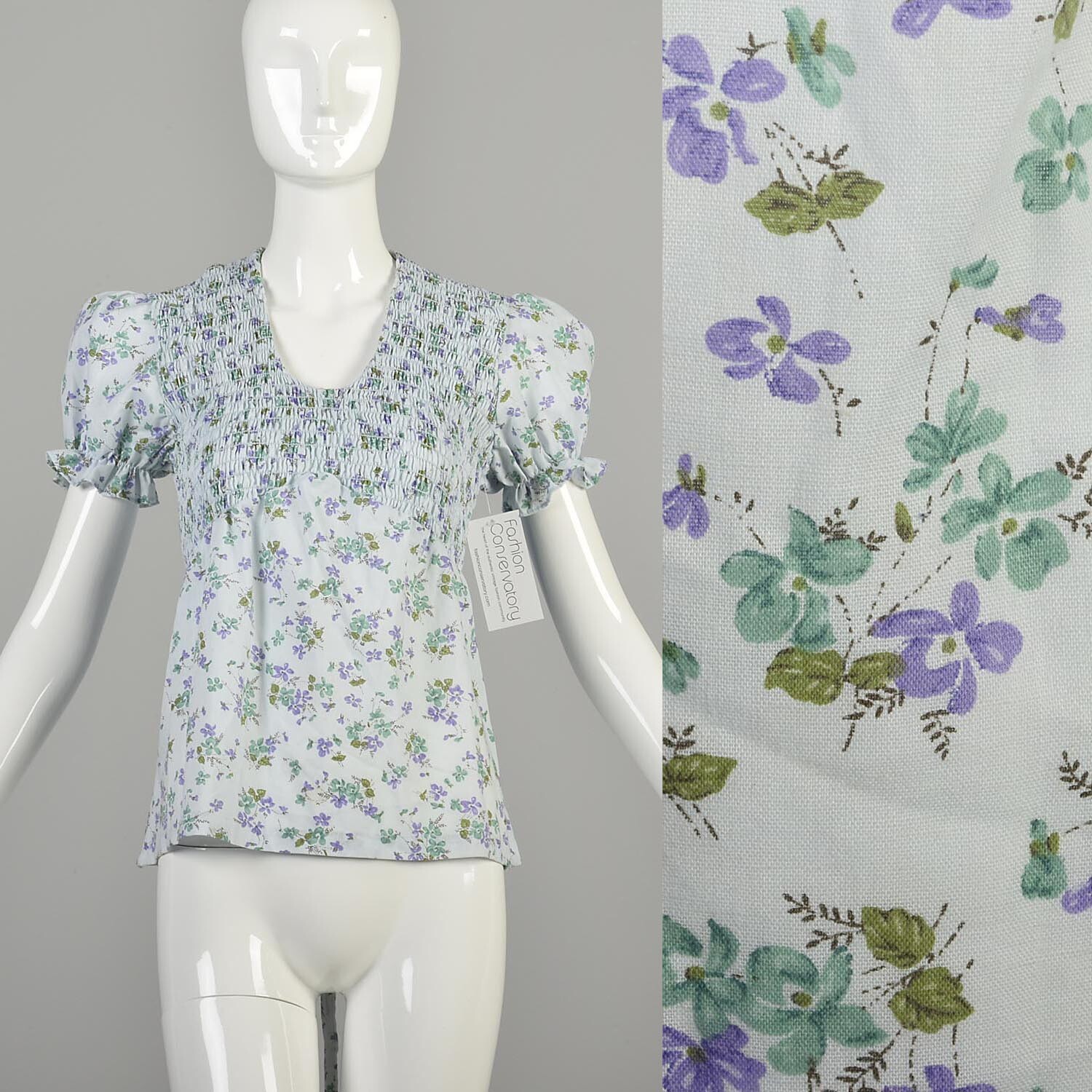 1970s XS Light Blue Smocked Tie Back Floral Blouse Short Balloon Sleeves