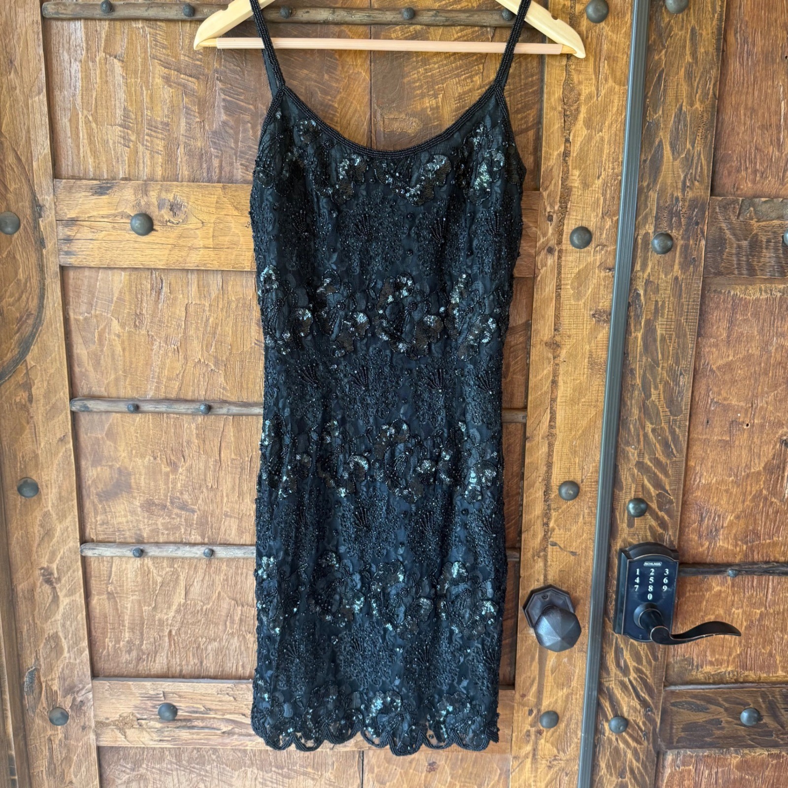 Vintage Badge Black Beaded Sequin Lace Cocktail Wedding Dress Women Sz 7 Sheath