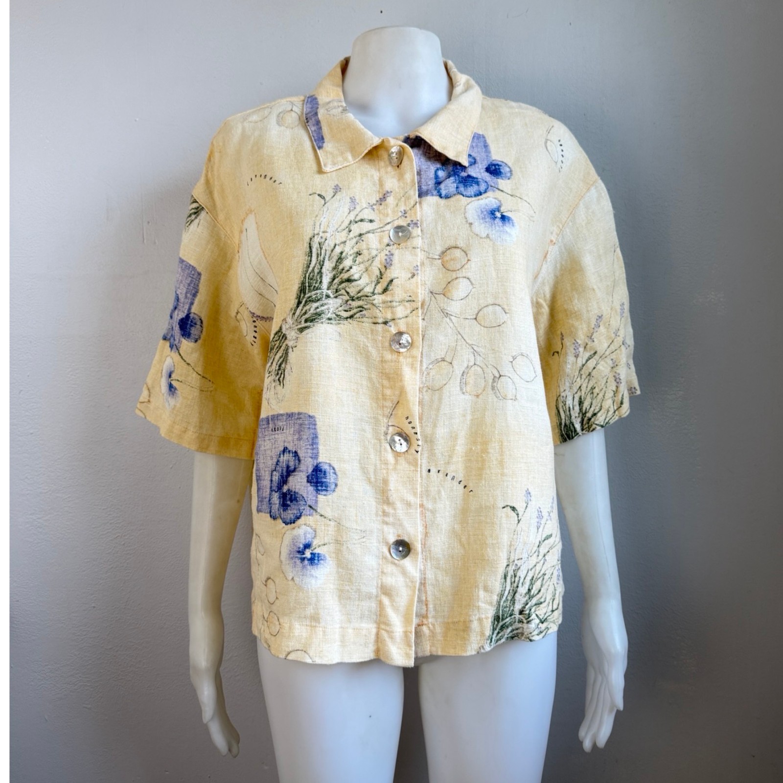 Vintage Pansy/Lavender Floral Print Linen Dress Top Set Size Medium 90s Yellow