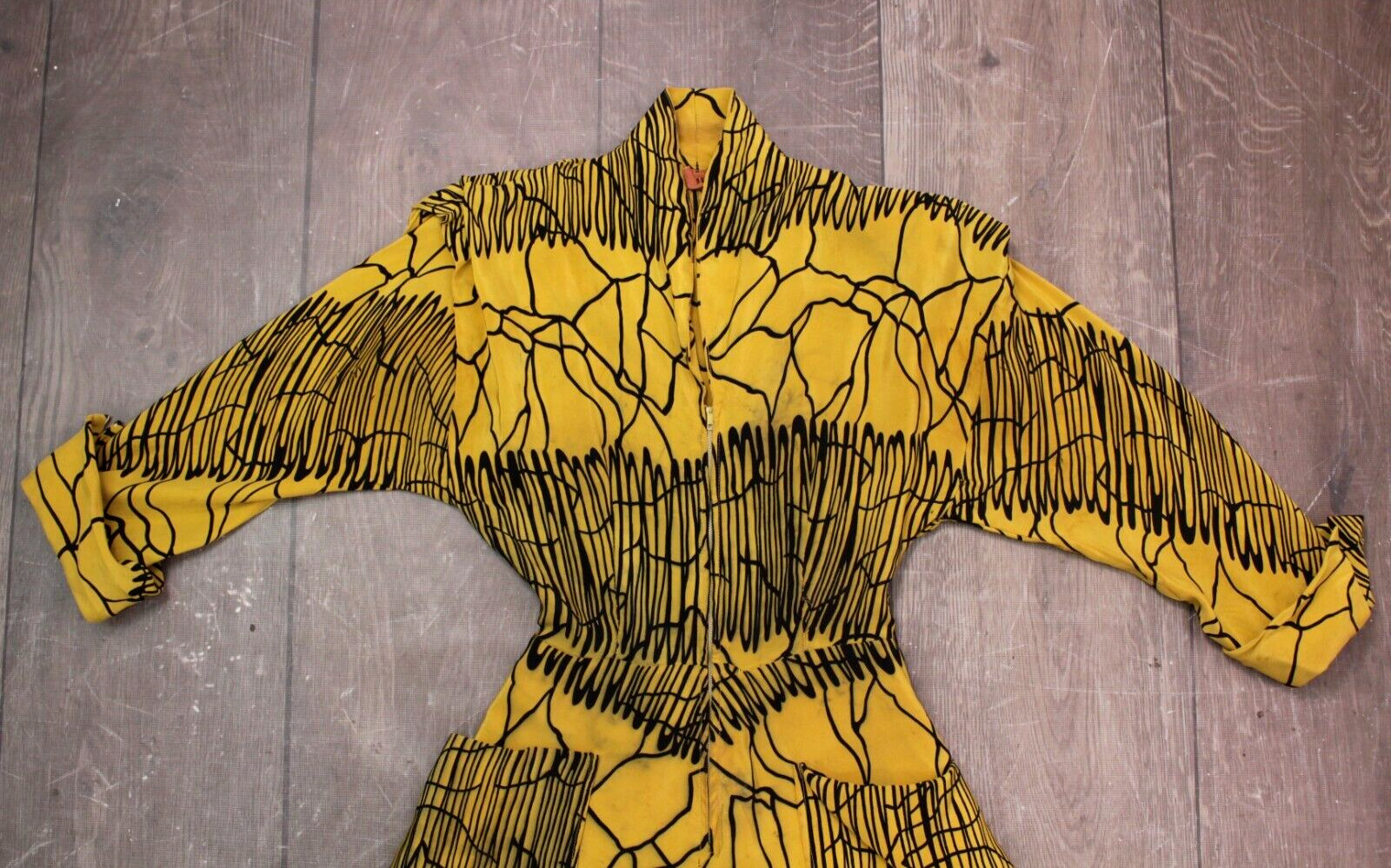 VTG Women’s 40s Yellow & Black Silk Zip Up Silk Dress Sz XS 1940s Claudia Young