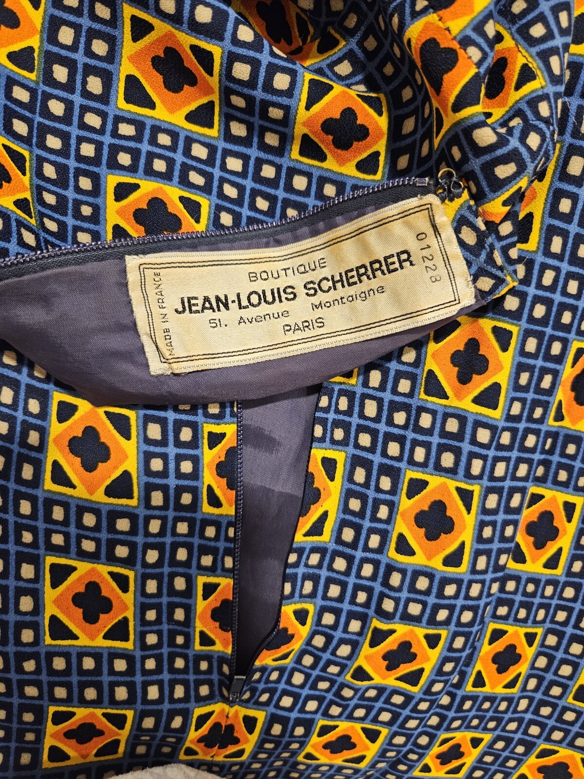 Jean Louis Scherrer Size 38 Vintage 70s Dress + Matching Scarf/Belt Blue Yellow