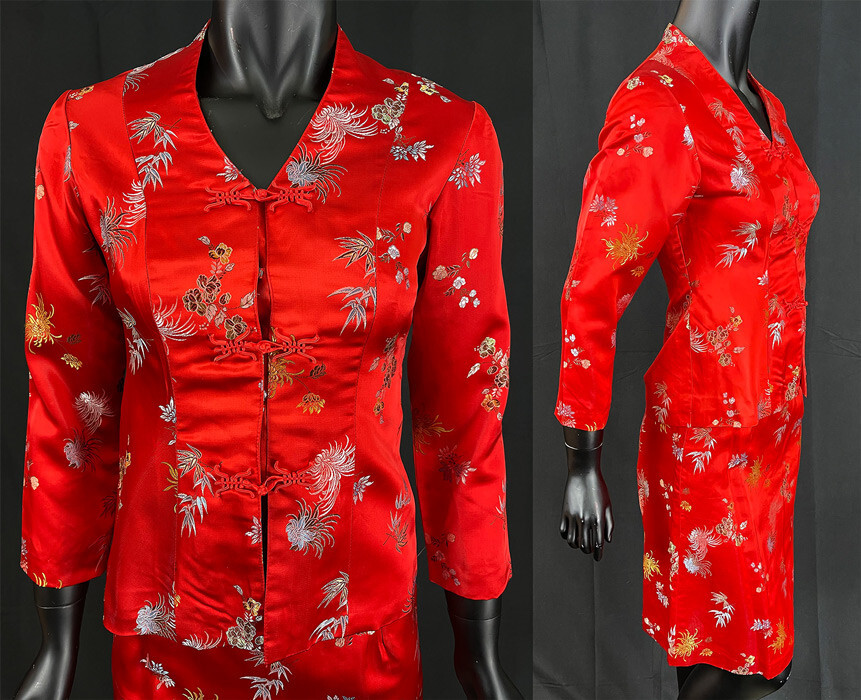 Vintage Chinese Pankou Xi Red Jewel Tone Damask Brocade Suit Jacket Skirt Dress