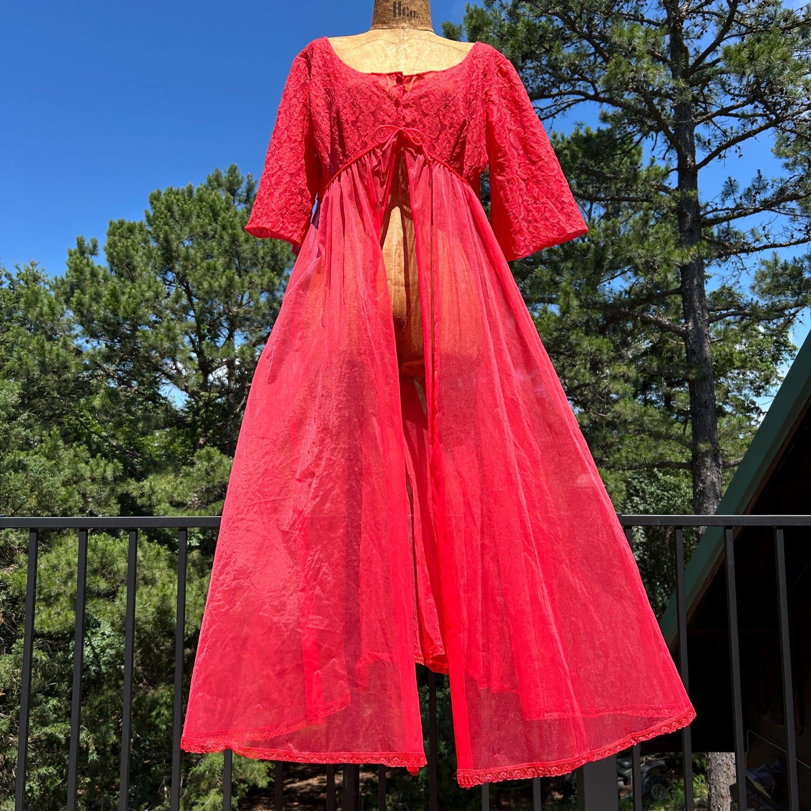 Vintage 60s Lisette Red Lace + Sheer Chiffon Bell Sleeve Flowy Regency Peignoir