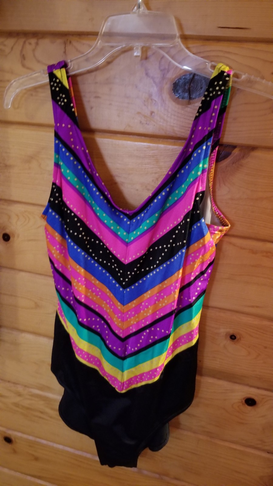 Sun Streak Swimsuit Vintage Sz 12 One Piece Black Colorful V Neck 80s 90s USA