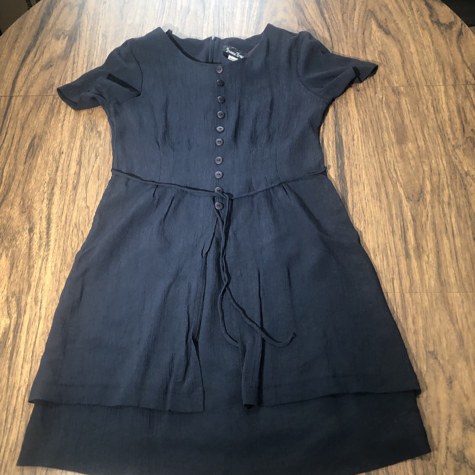 Vintage Jamie Brooke Dress Womens 12 Black Crinkle Fabric Tie Waist One Piece