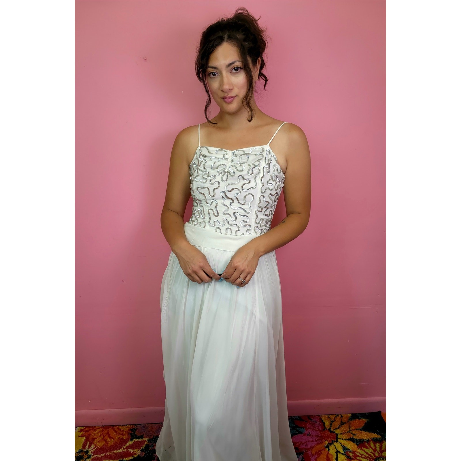 Vintage Late 1940’s White and Silver Sequin Bodice Chiffon Gown with Bow Back