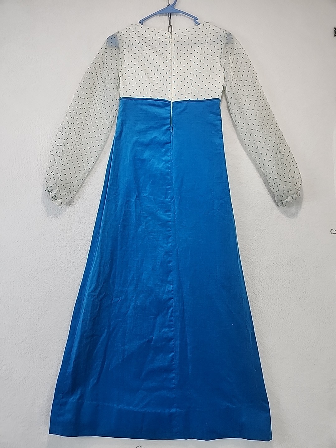 Vtg 60s 70s Empire Waist Maxi Dress Homemade Sheer Sleeve Aqua Blue Velvet