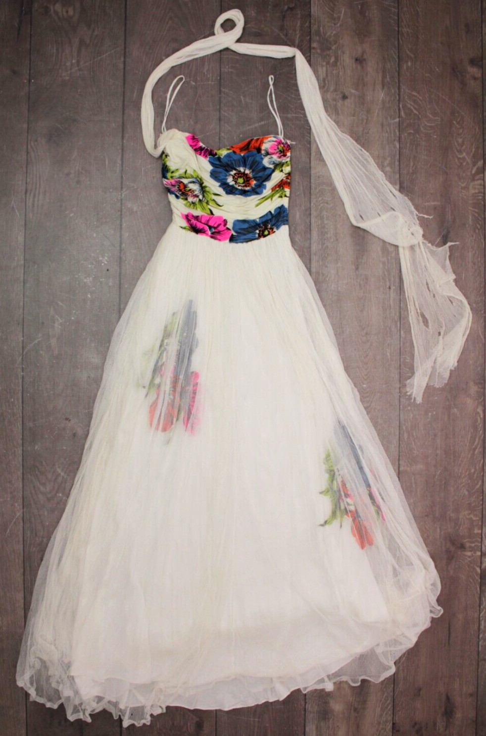 Vtg Women’s 40s White Rayon Colorful Floral Formal Dress 1940s XXS/XS Ball Gown