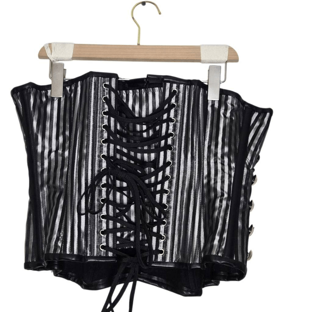 Silver Black Boned Corset Size 28 Stripe Button Chain Heavy Burlesque Steampunk