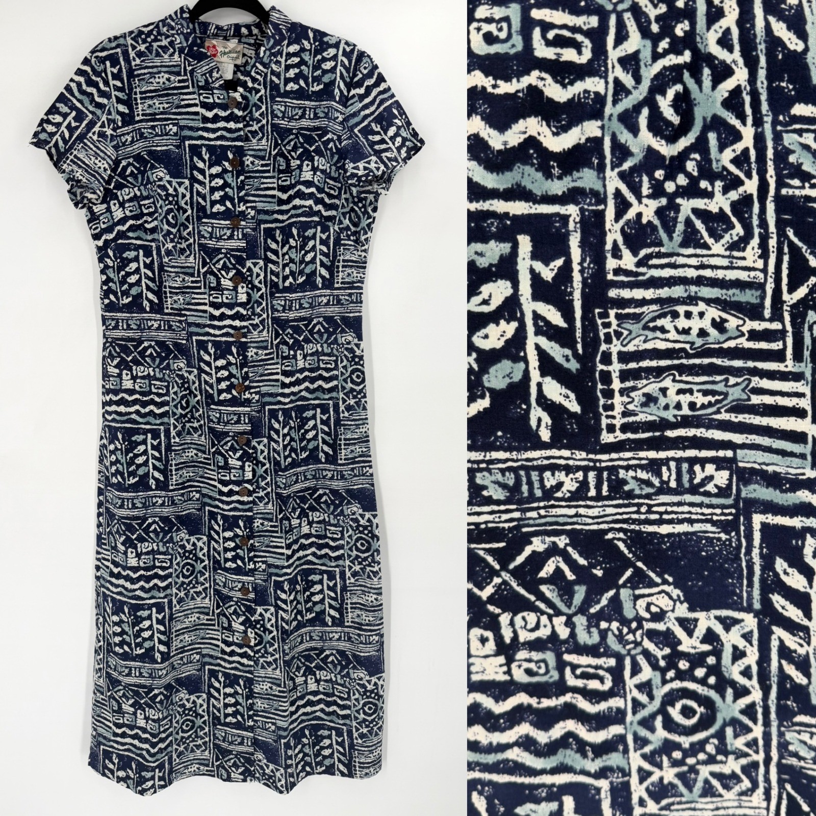 Hilo Hattie Hawaiian Original Dress Womens 10 Blue Excellent Vintage 90s Batik