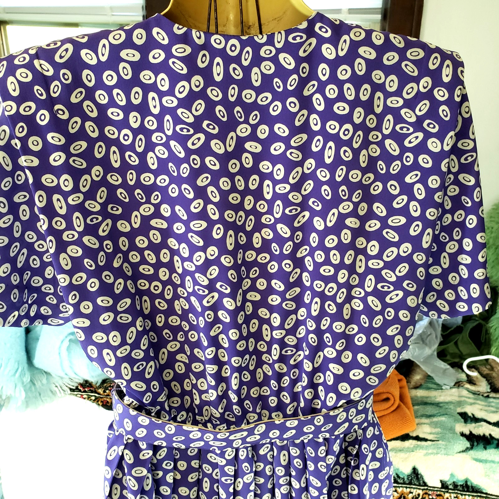Vintage Leslie Fay Dress 80s 90s Pleated Geo Paisley Purple Belted SIZE 6P