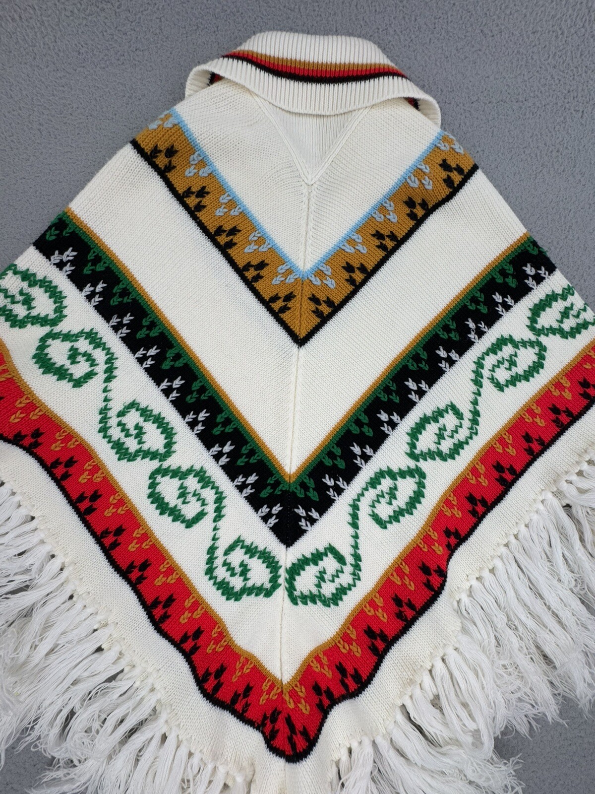 Vintage 70s Knitted Poncho Sweater Tassels Bohemian Hippie Pom Poms