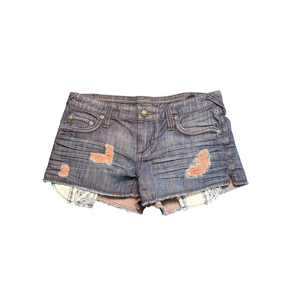 Stitches Y2K Low Rise Distressed Jean Shorts Peekaboo Pockets Y2K Size 28 Waist