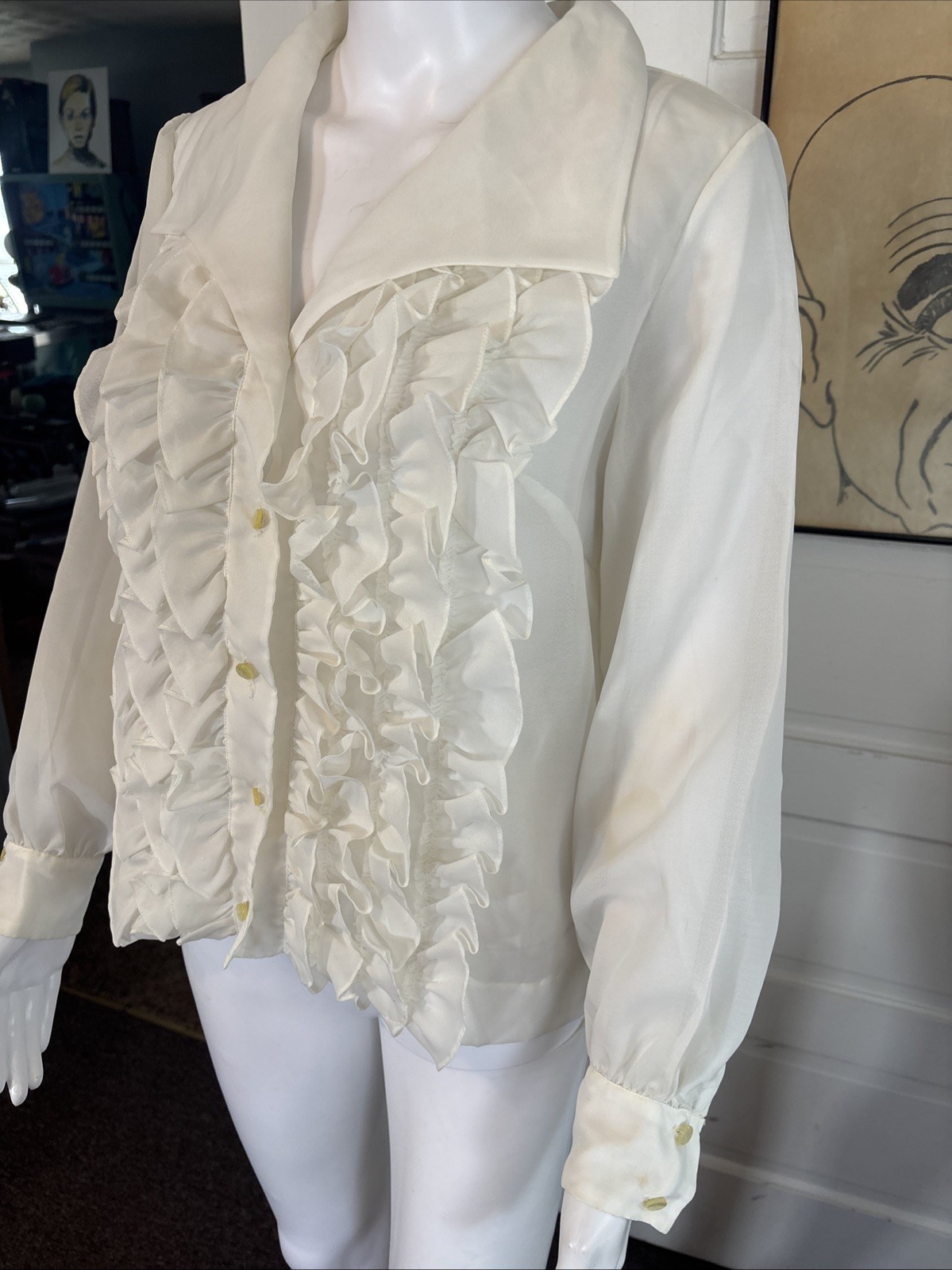 VTG 70s Women’s White Cropped Ruffle Shirt ALADDIN 36/16 Longsleeve Button Sheer
