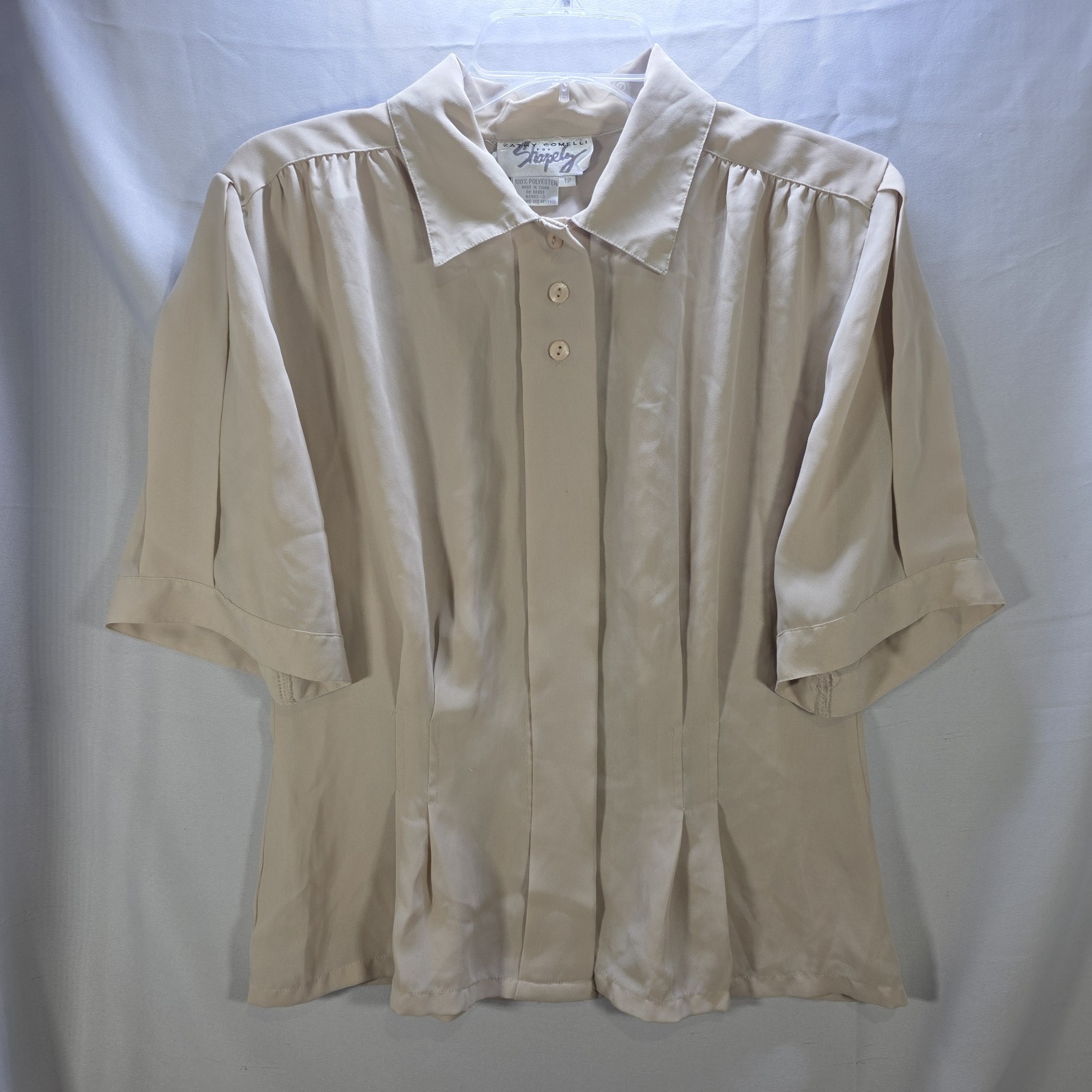 Vtg 80s Kathy Comelli Womens 12 Bluse Sheer Chiffon Creme Button Up Pleated