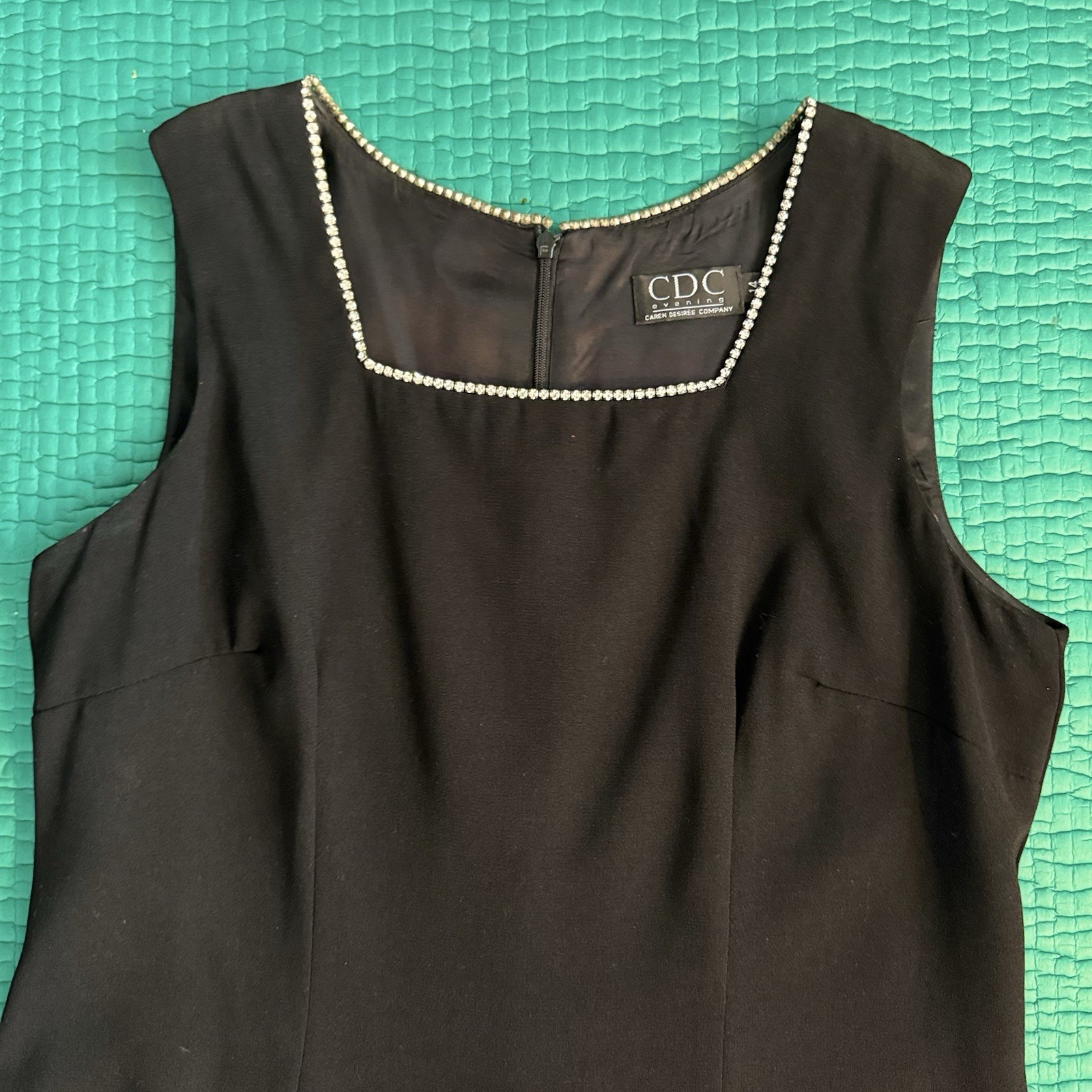 Vintage 90s Black CDC Evening Cocktail Dress Sz 14 USA Made Rhinestone Accents