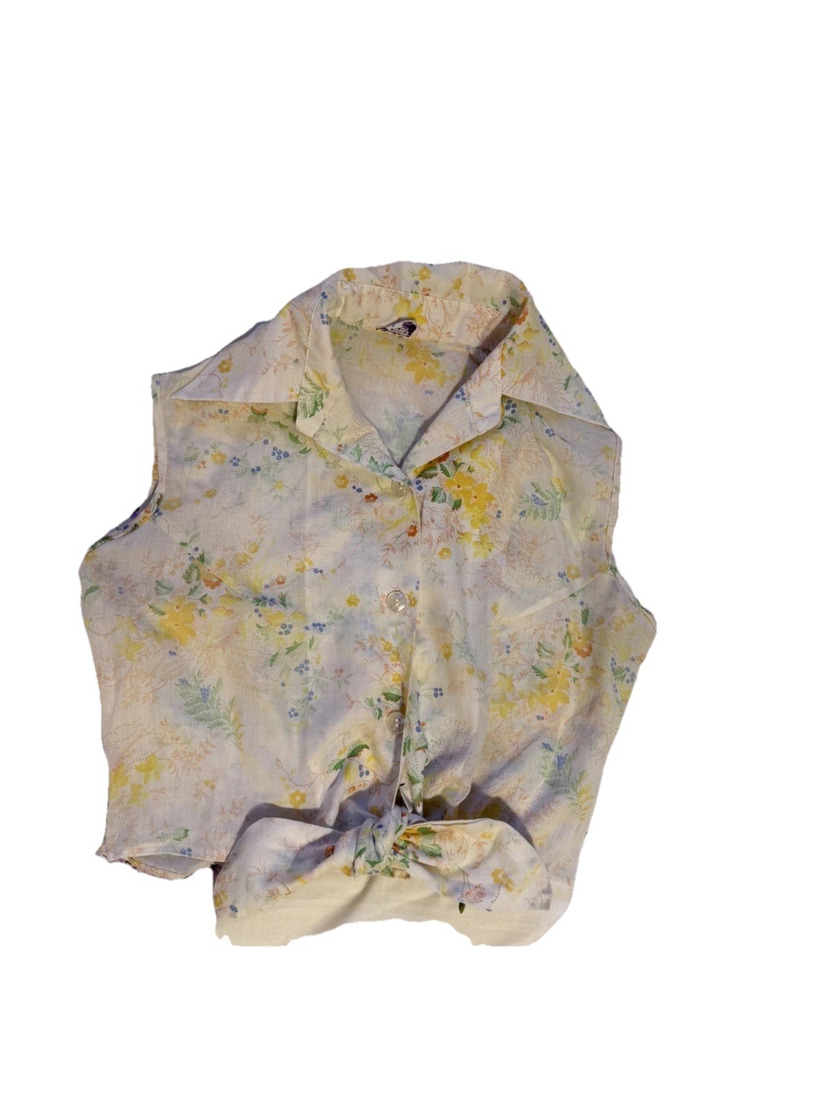 Vintage 1970s novelty floral print crop top ladies white yellow blouse tie waist
