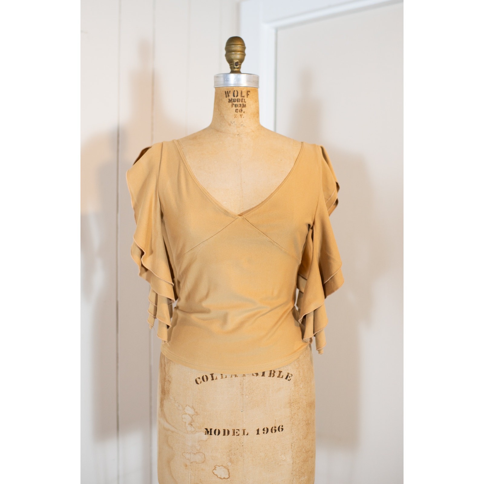 Vintage Y2K Tan Camel Brown Flutter Sleeve Top Fairycore Boho Festival Blouse LG