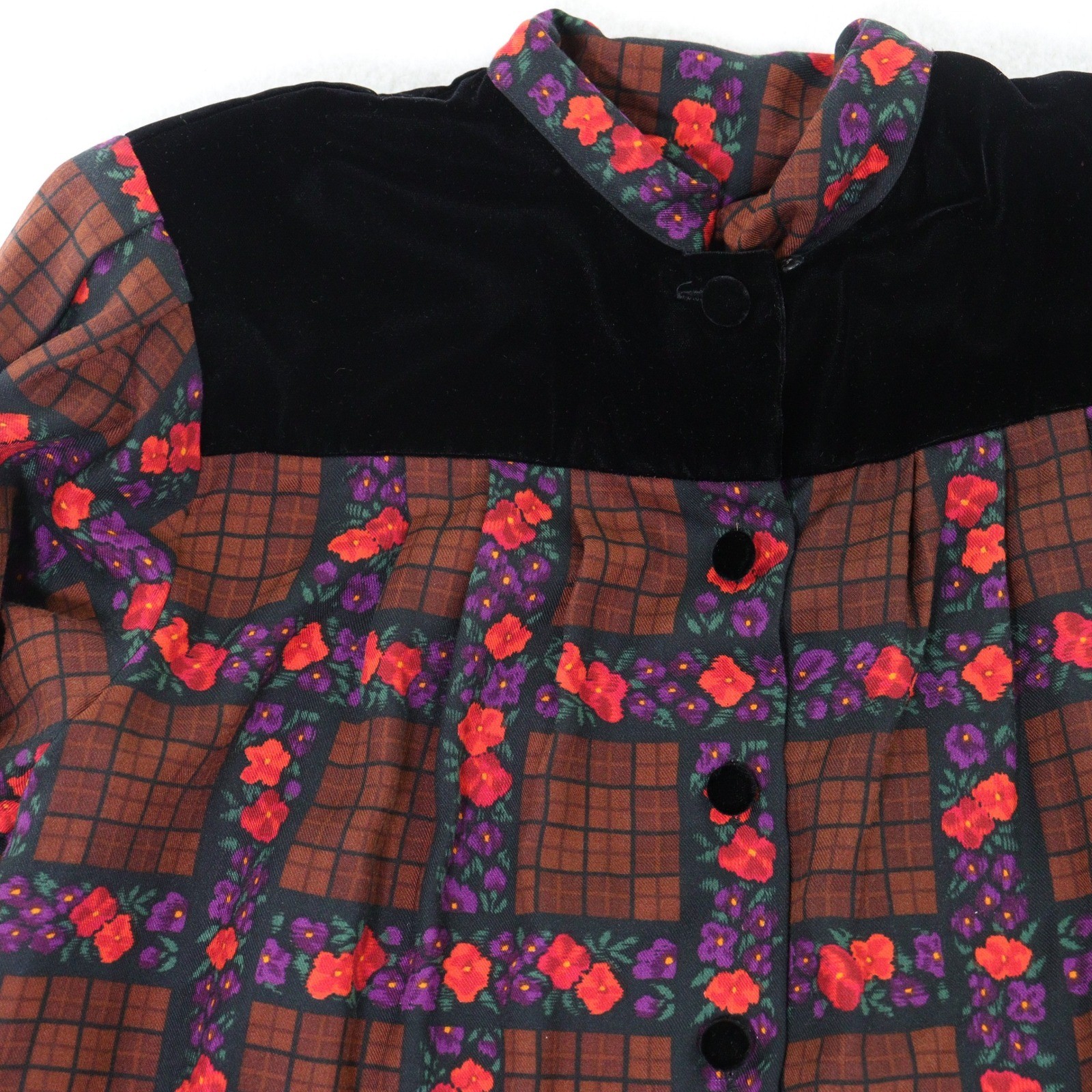 Vtg Oscar de la Renta Miss O Skirt Suit Floral Brown Plaid Velvet Trim Women 8