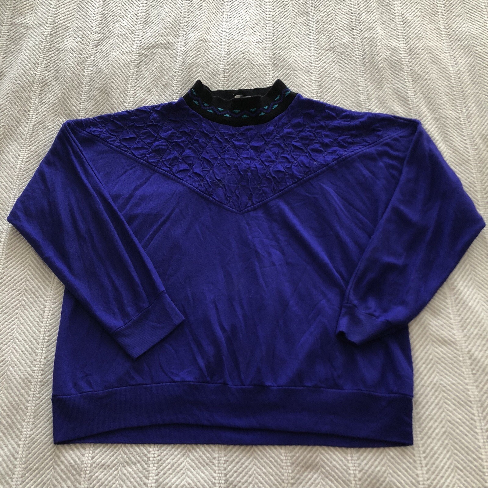 YoungStuff Studio Vintage Purple & Teal Batwing Mock Neck Pullover EUC Size M/L