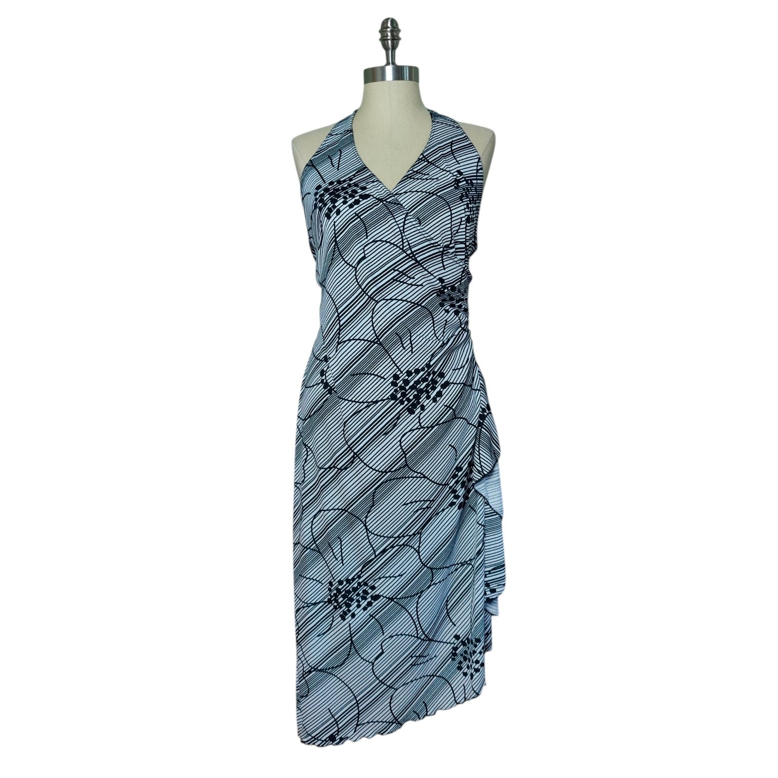 Vintage Y2K Halter Faux Wrap Asymmetric Midi Dress Striped Rose Large Grunge