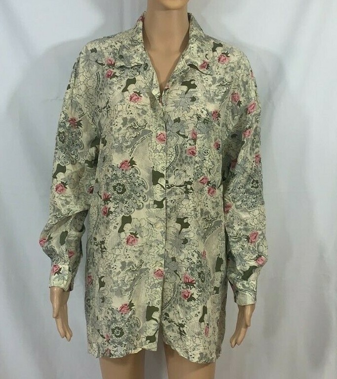 Women Claudia Richard Silk Floral Long Sleeve Shirt Blouse Button Up Floral Sz L