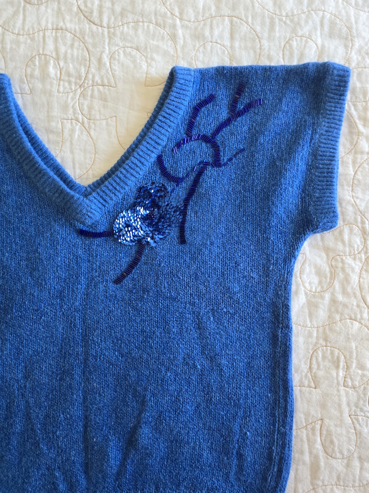 Vintage 80s Sweater Blue w/ Sequins Beaded Womens Small Medium Short Sleeve