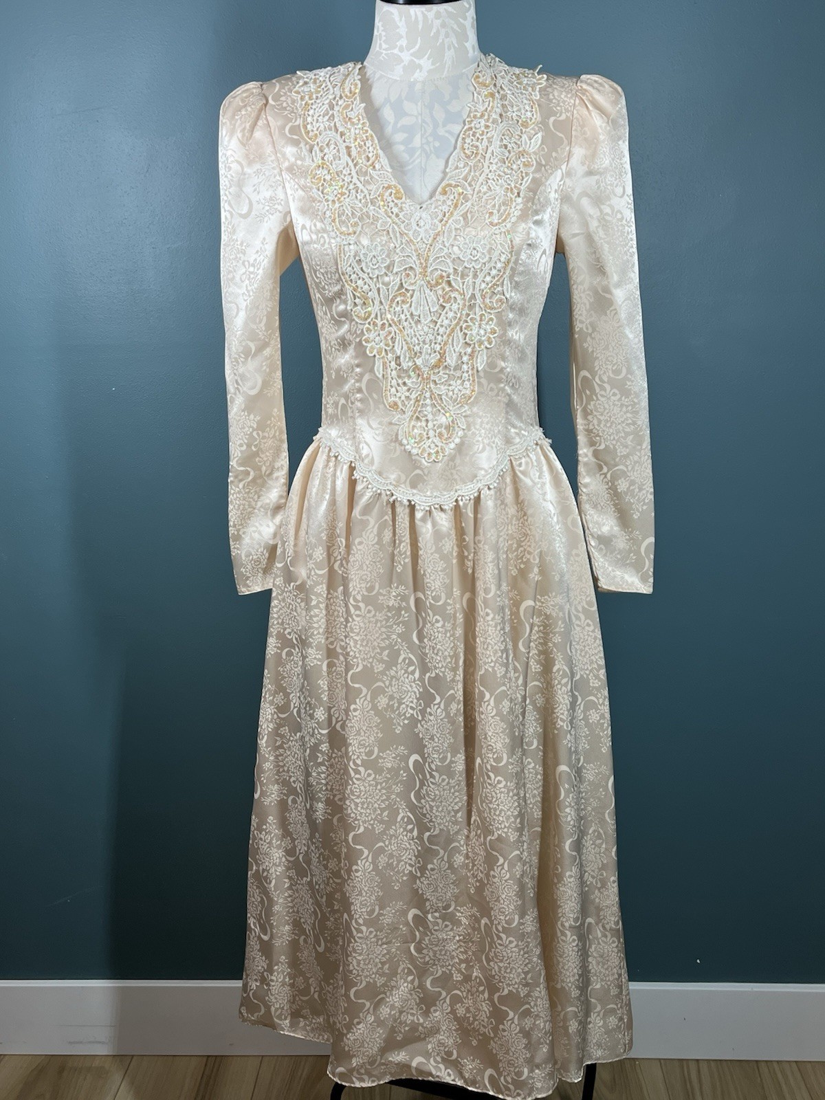 Vintage Scott McClintock Victorian Brocade Dress Peach Glitter Cottage Core Sz 4