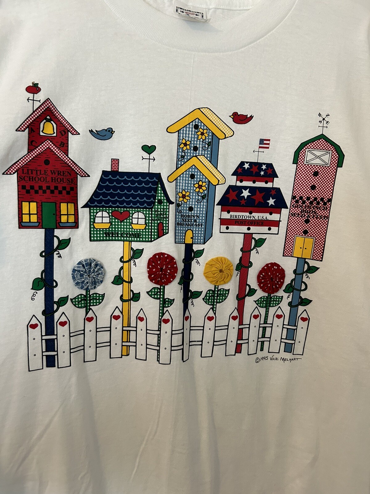 Vicki Melhart Single Stitch T-Shirt Size L Large Birdhouses 1995 Vtg Made In USA