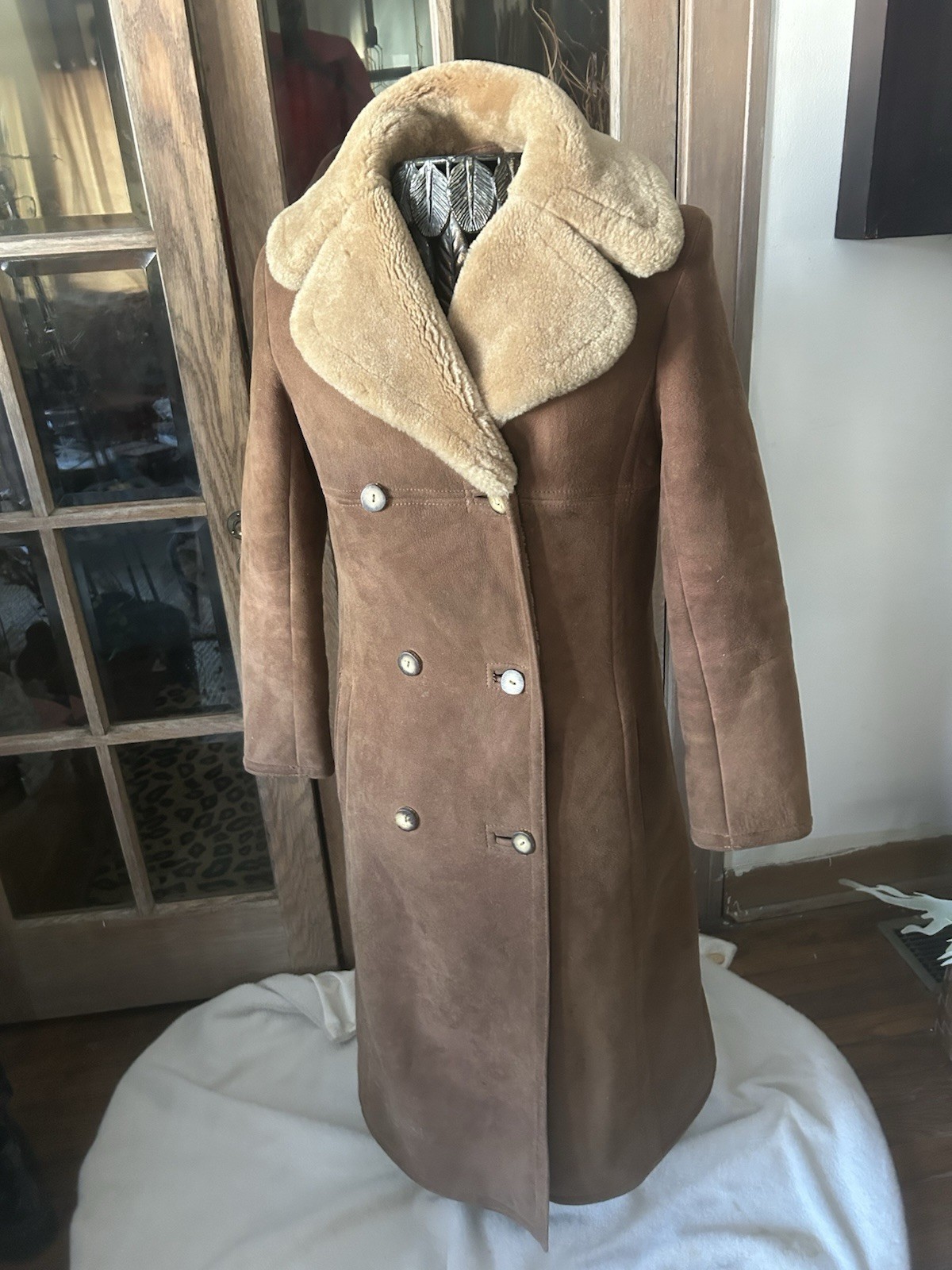 Vintage Marshall Fields Shearling Coat Brown Suede Long Double Breasted Size 12
