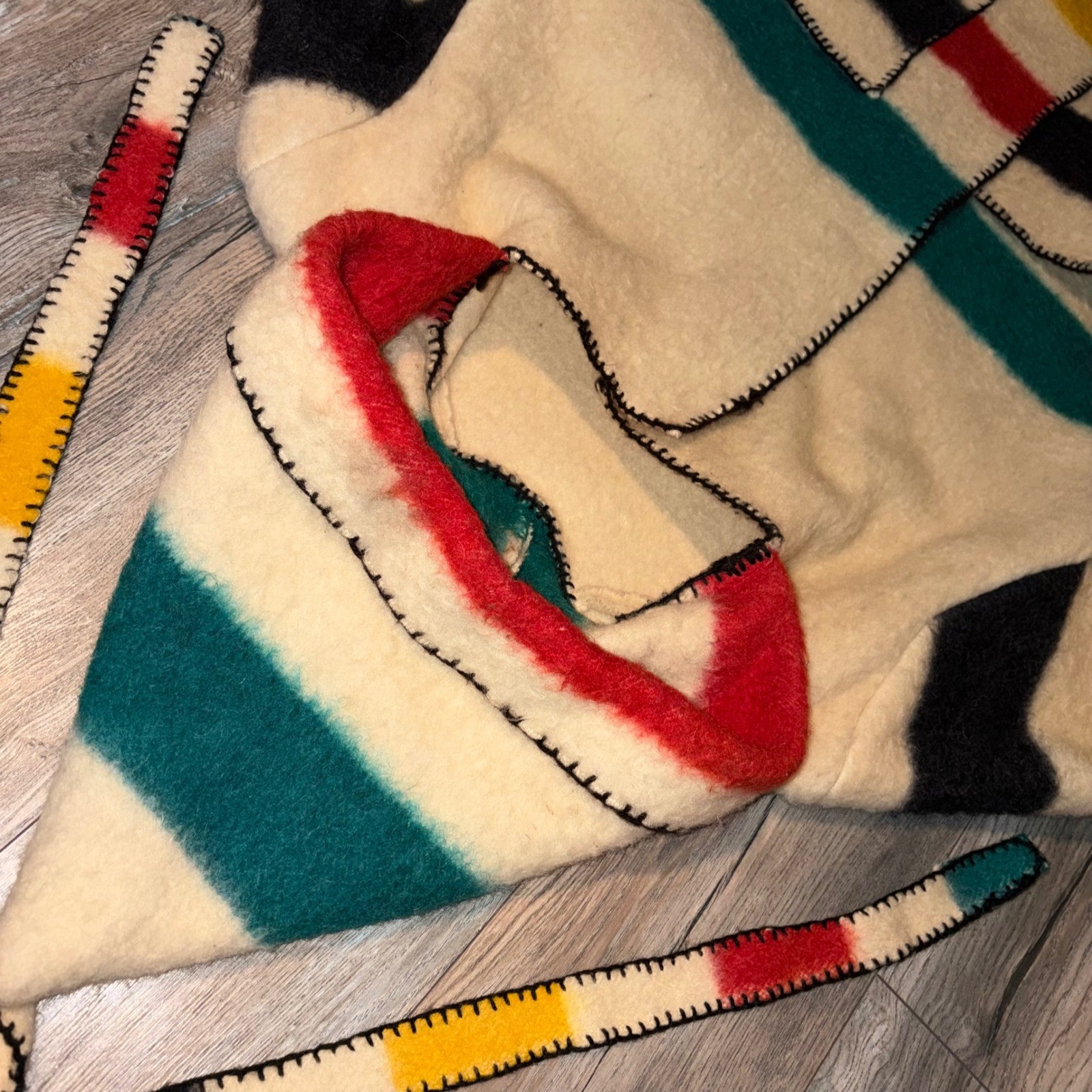 Vintage Handmade Hudson Bay Style Wool Blanket Coat Multi Stripe Hooded Belted