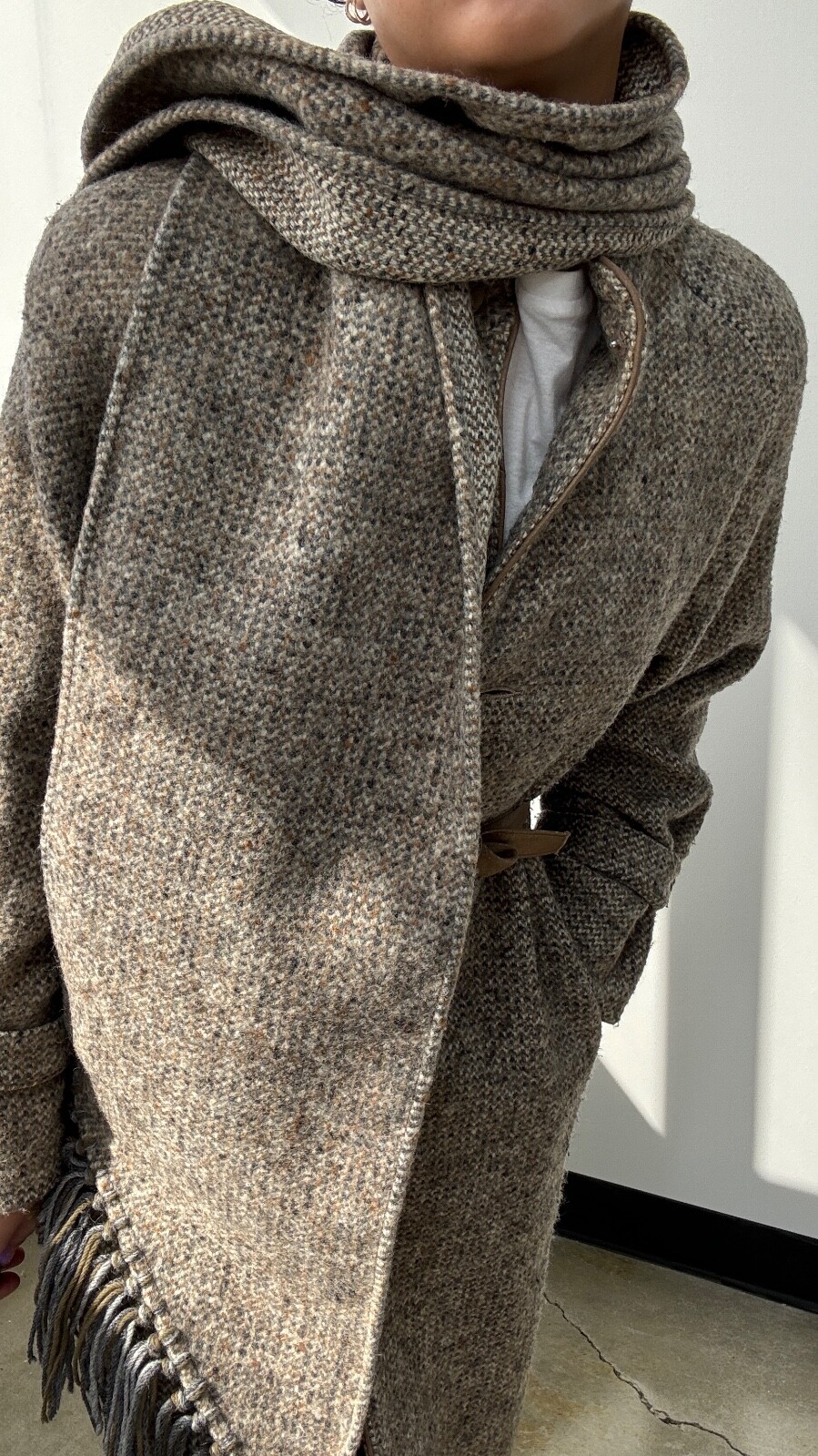 VTG 70s/80s Wool Blend Tweed Full Length Coat with Matching Scarf Set: Size M