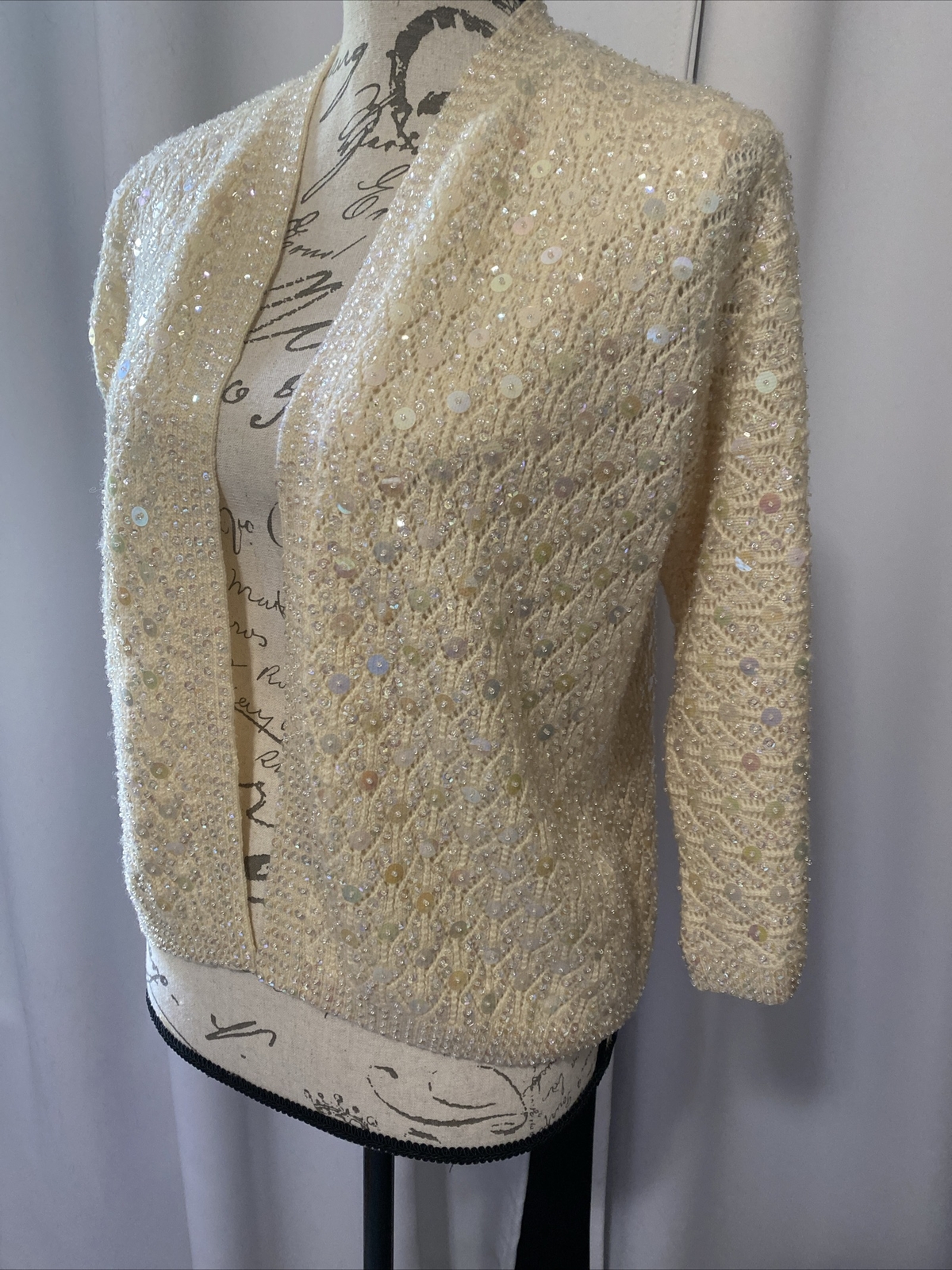 Vintage Jeri-Jo New York Sequin Cardigan Sweater Jacket 100% Wool Size 38 Ivory