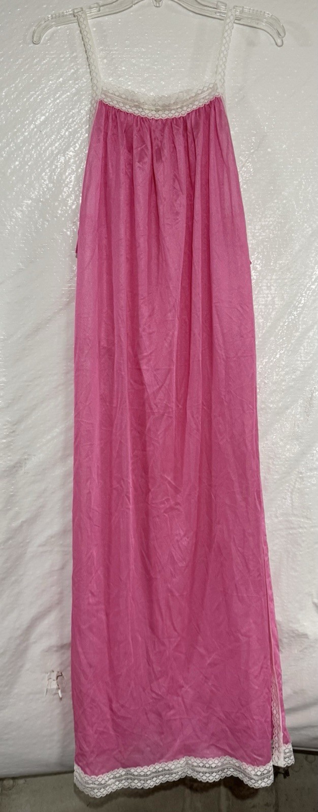Vtg Hot Pink Nylon Lace Long Open Sides With Ties Nightgown Sz M Fairy Princess