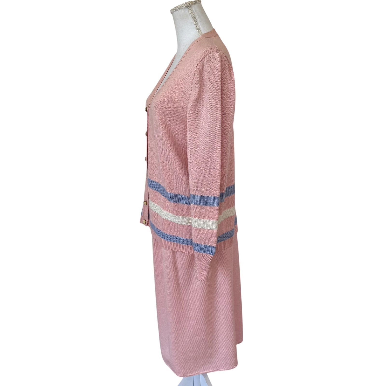 Vivanti Vintage Pink Knit Skirt Suit Cardigan Set Striped Size 14 Made in USA