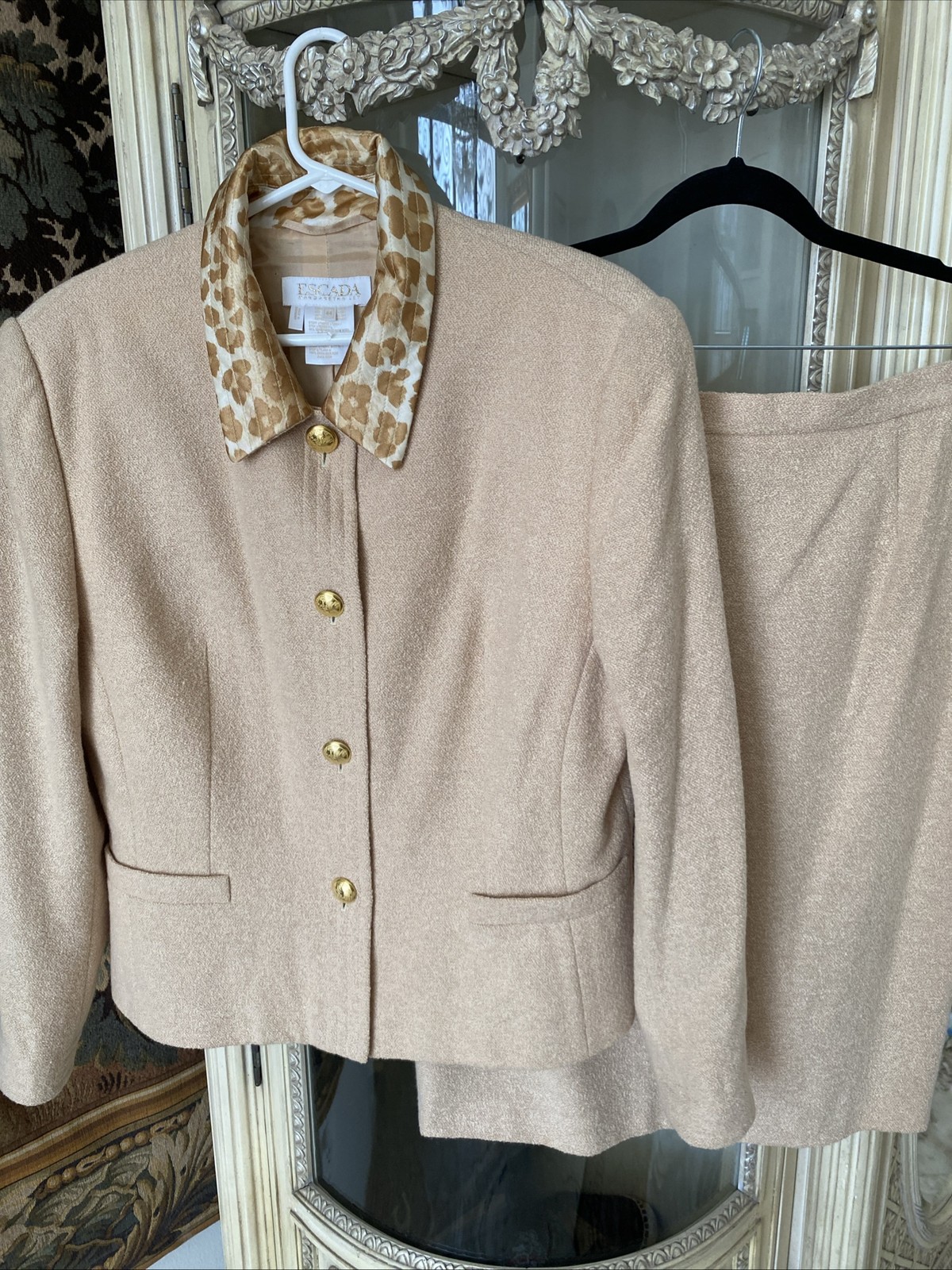 ESCADA Women’s SZ 44 Nubby Leopard Camel Beige Jacket & Skirt Vintage 2 PC Suit