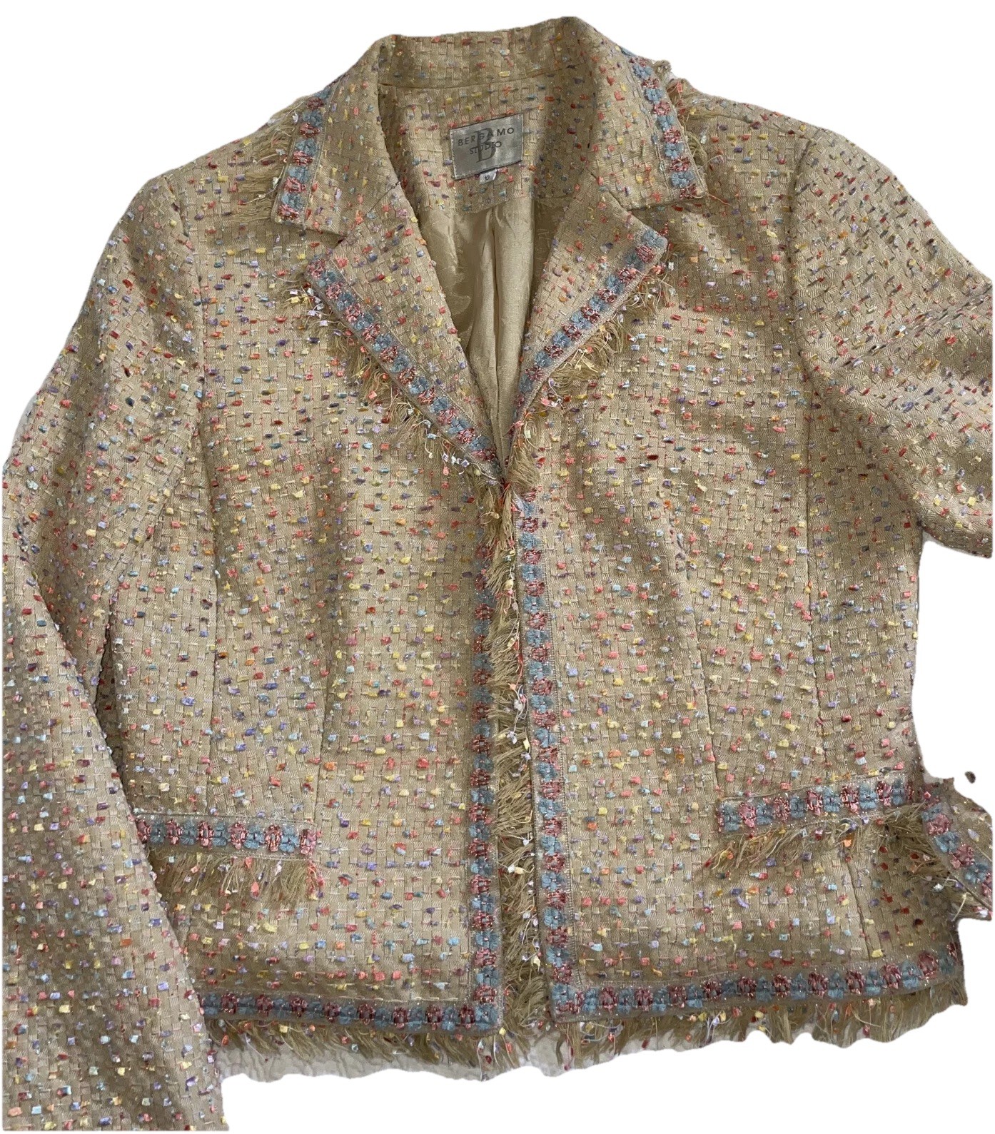 Bergamo Studio Beige Cream Tweed Blazer Size 10 Cropped Confetti Jacket Fringe
