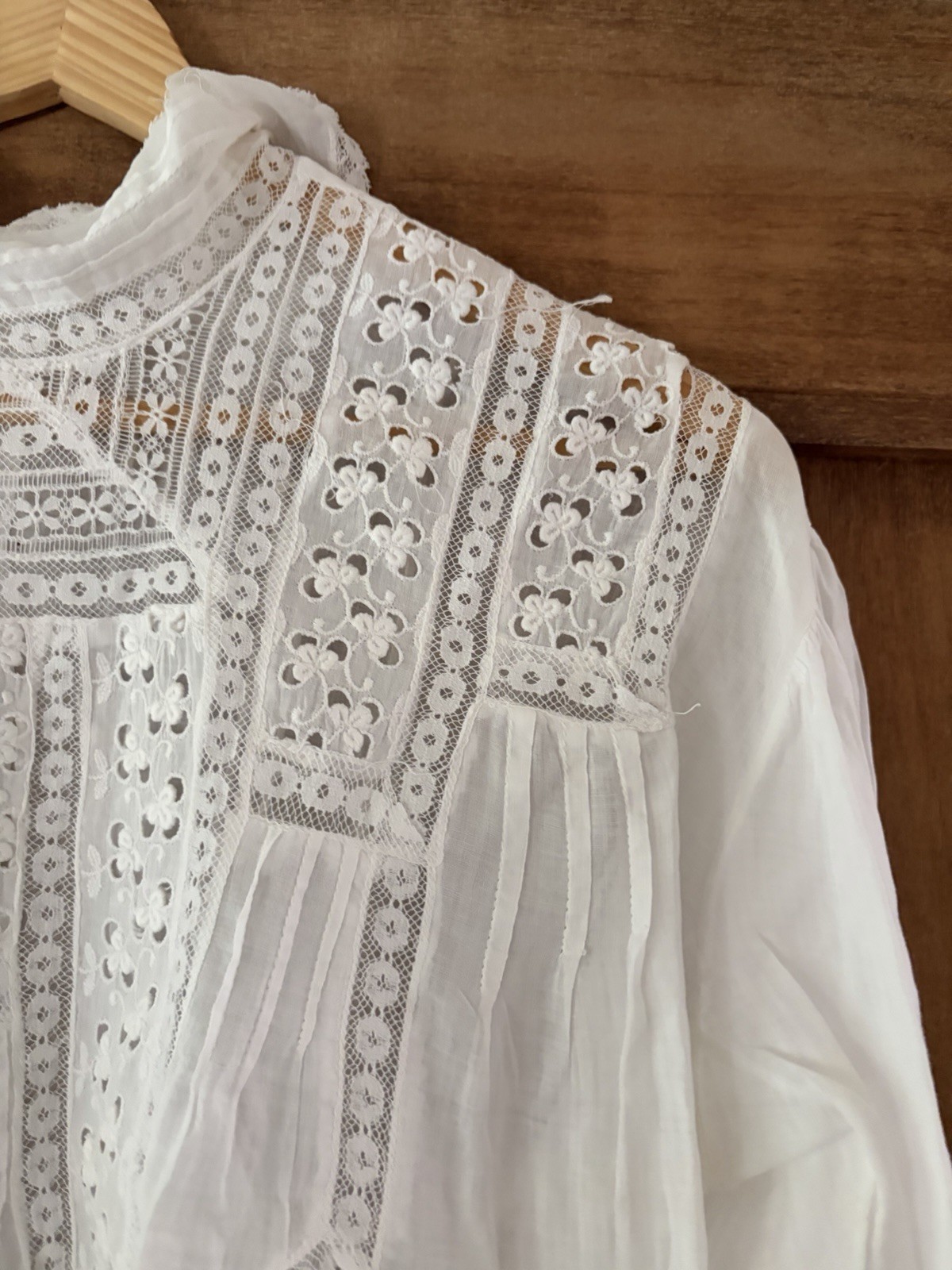 Antique Edwardian White Cotton Lace Blouse Bodice Whitework Pintuck c. 1900s